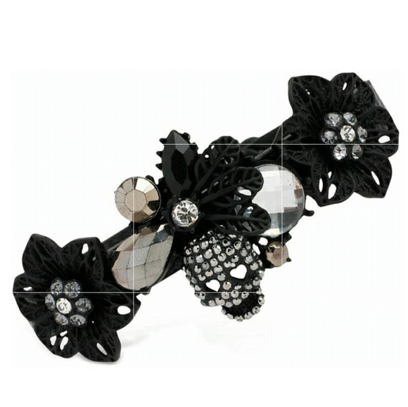 Betsey Johnson Rare Blackout Crystal Skull Flower Faux Leather